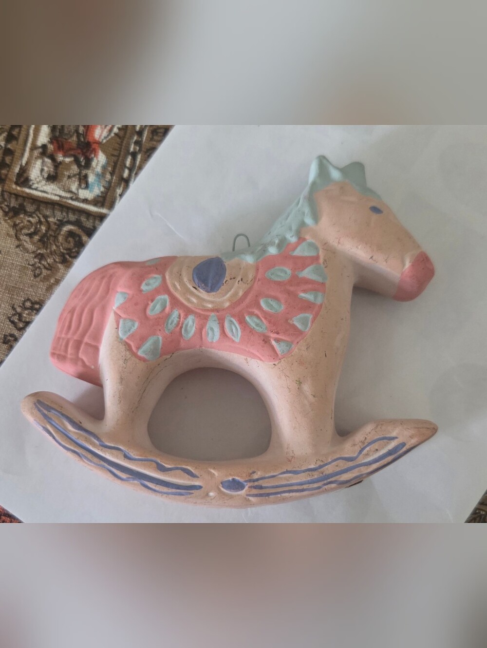 Vintage handpainted pastel pottery rocking horse ornament
